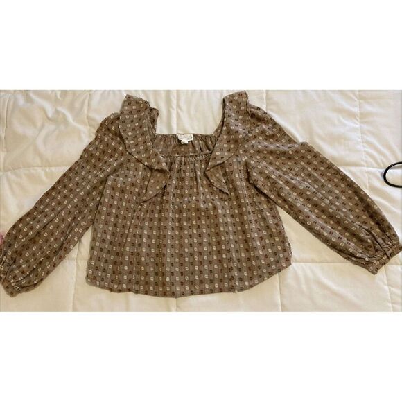 Loveriche Women Brown Polka Dot Blouse Long Sleeve with Ruffles Size Large - Picture 7 of 11